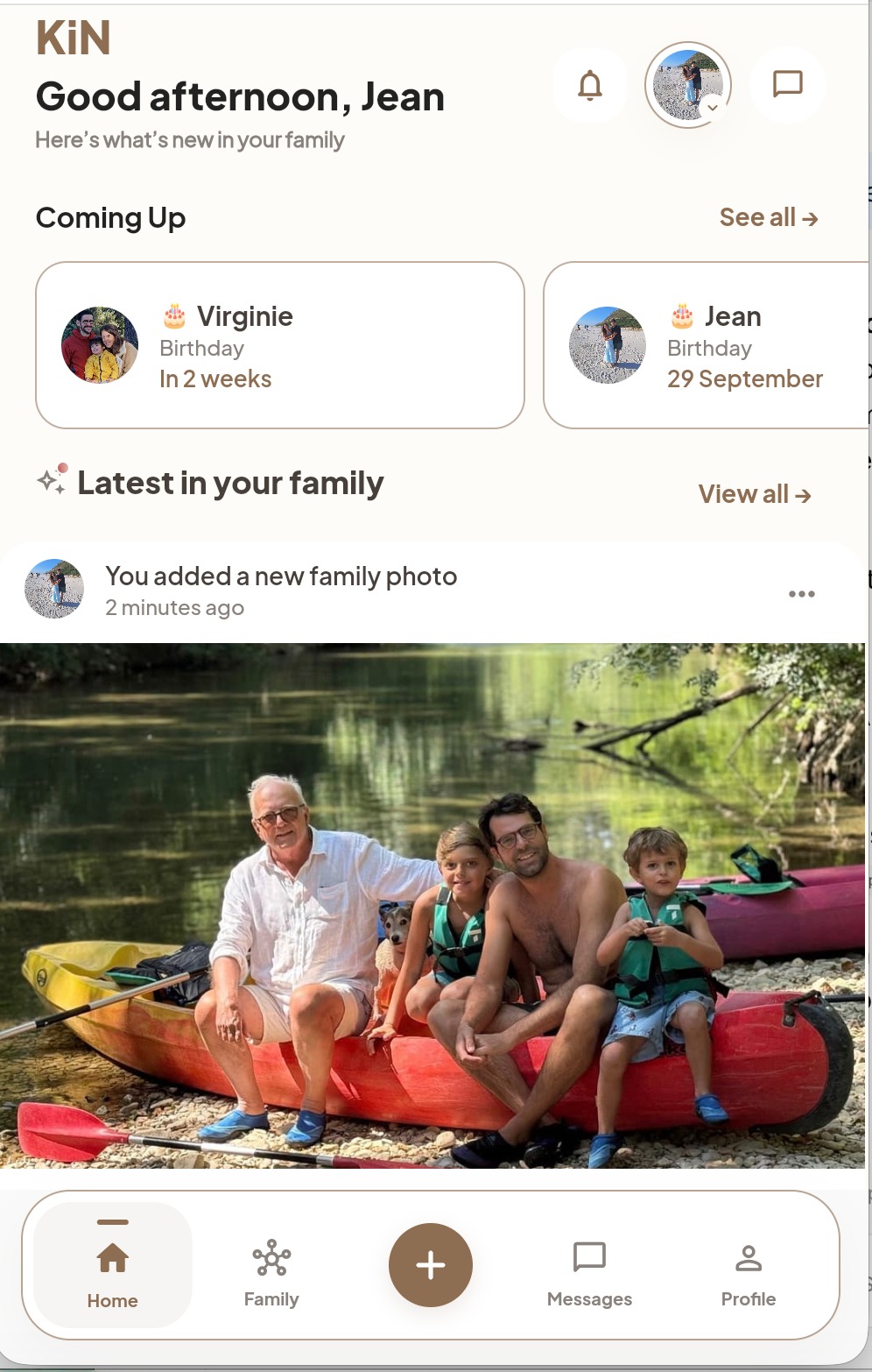 KIN Home screen showing family updates, events and memories