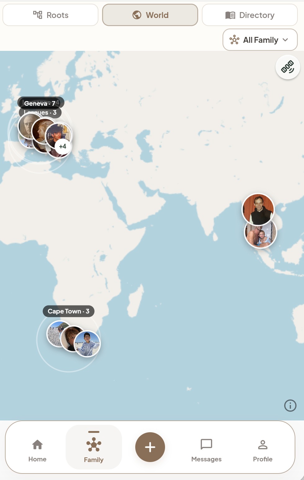 KIN World view showing family members across the world